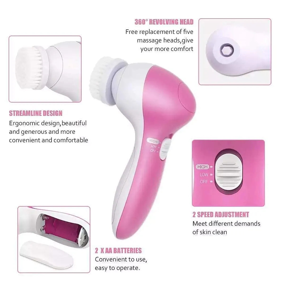 5 in 1 Portable Facial Cleaner Battery Powered Multifunction Massager